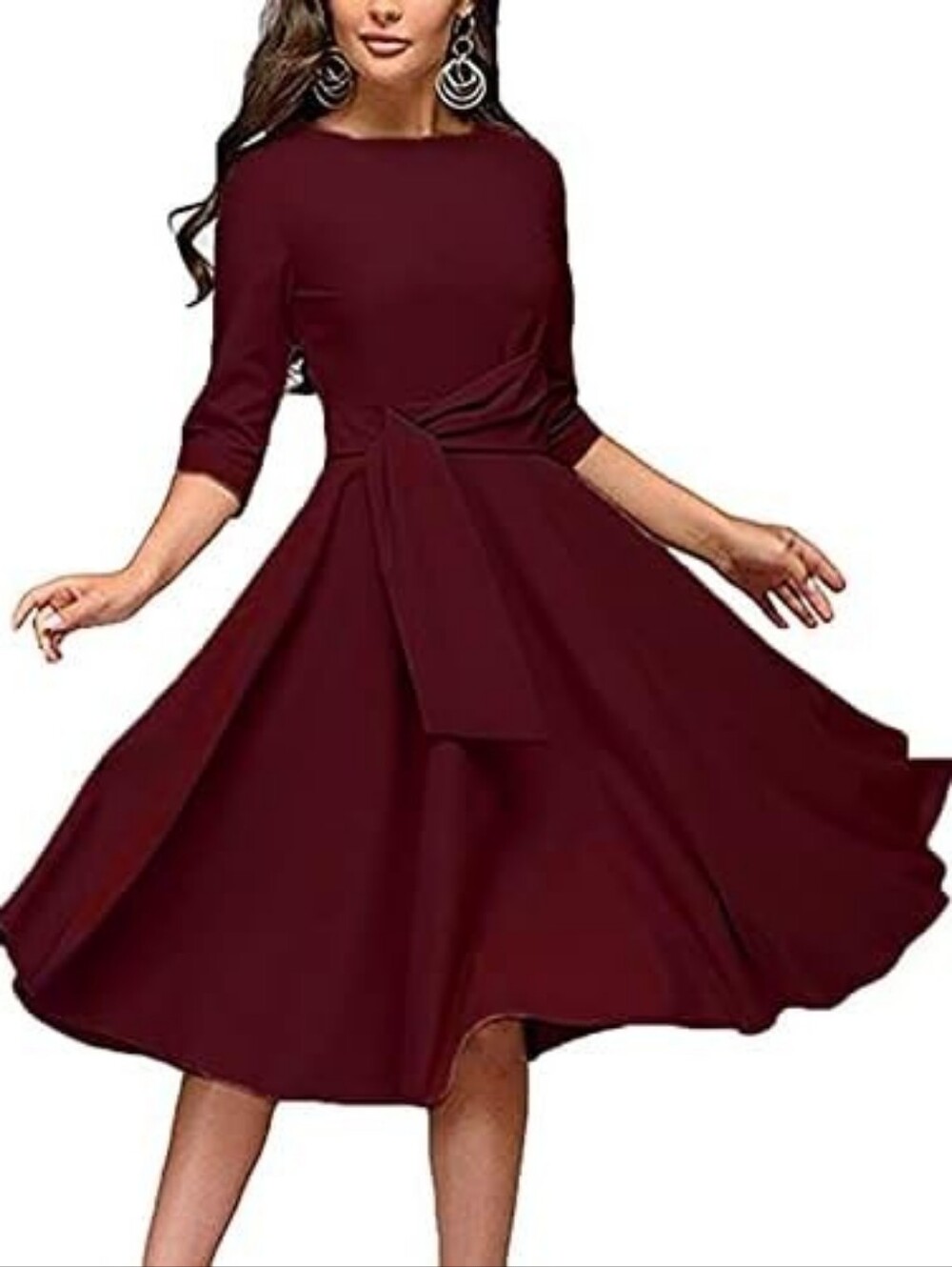 Classic Burgundy Midi Fit-and-Flare Dress with Waist Tie